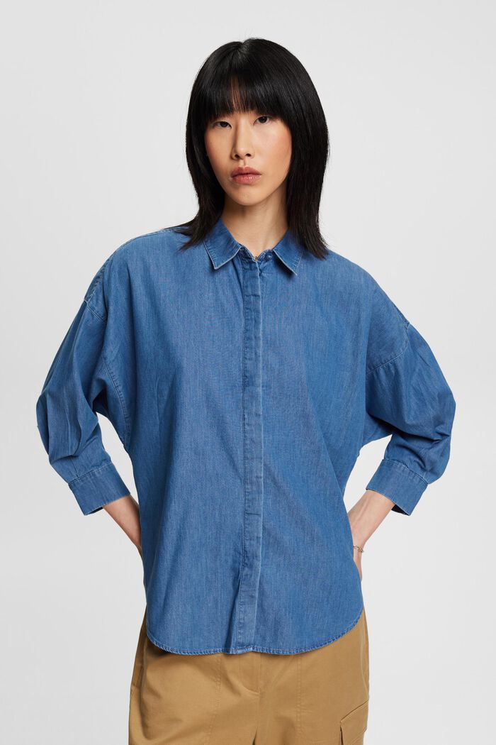 Cotton denim blouse, BLUE MEDIUM WASHED, detail image number 0