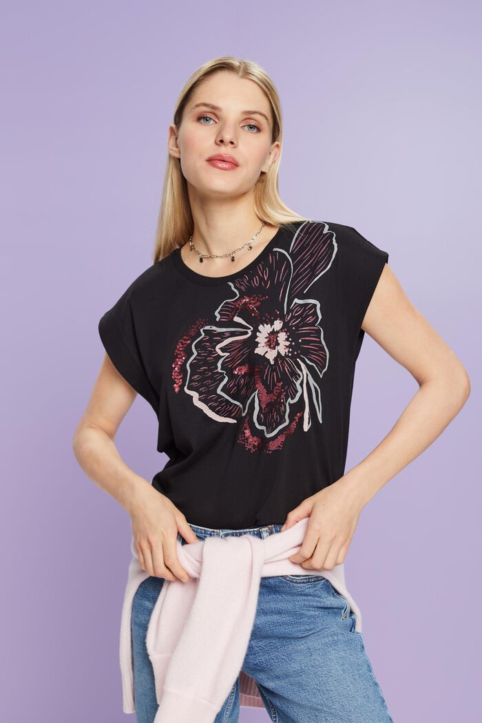 Sequin Print Sleeveless T-Shirt, BLACK, detail image number 0
