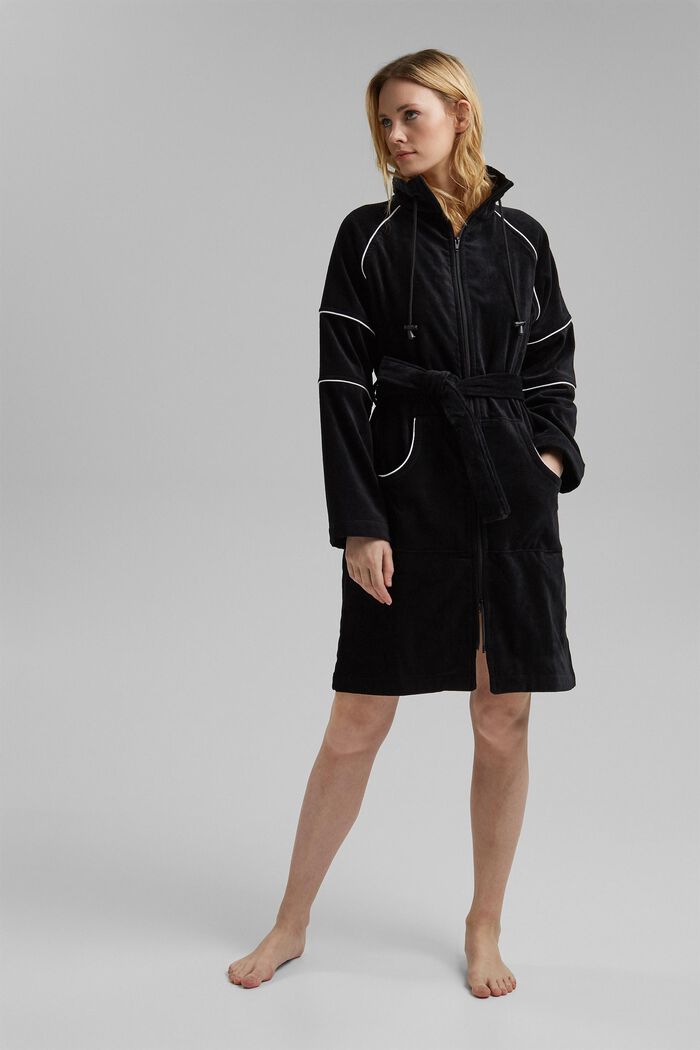 Velour bathrobe, zip-fastening, BLACK, detail image number 0
