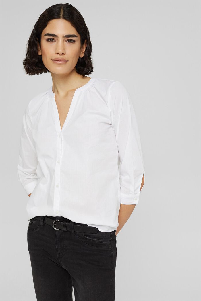 Blouse with a cup-shaped neckline, organic cotton, WHITE, detail image number 0