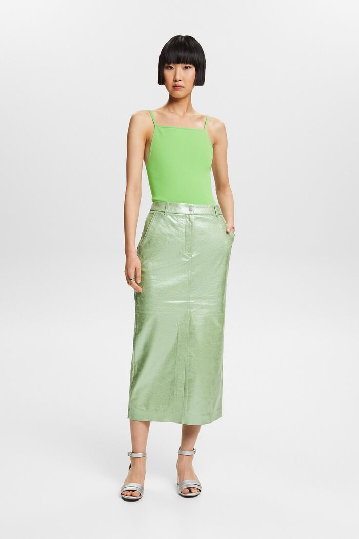 Coated Metallic Midi Skirt, LIGHT AQUA GREEN, detail image number 5