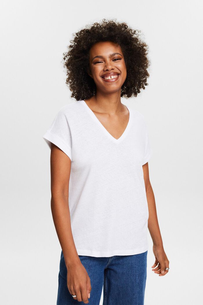 Cotton-Linen V-Neck T-Shirt, WHITE, detail image number 0