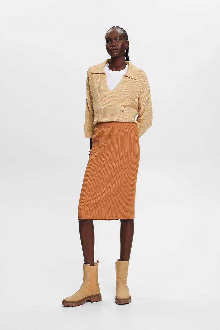 Ribbed Knit Midi Skirt, CARAMEL, detail image number 1