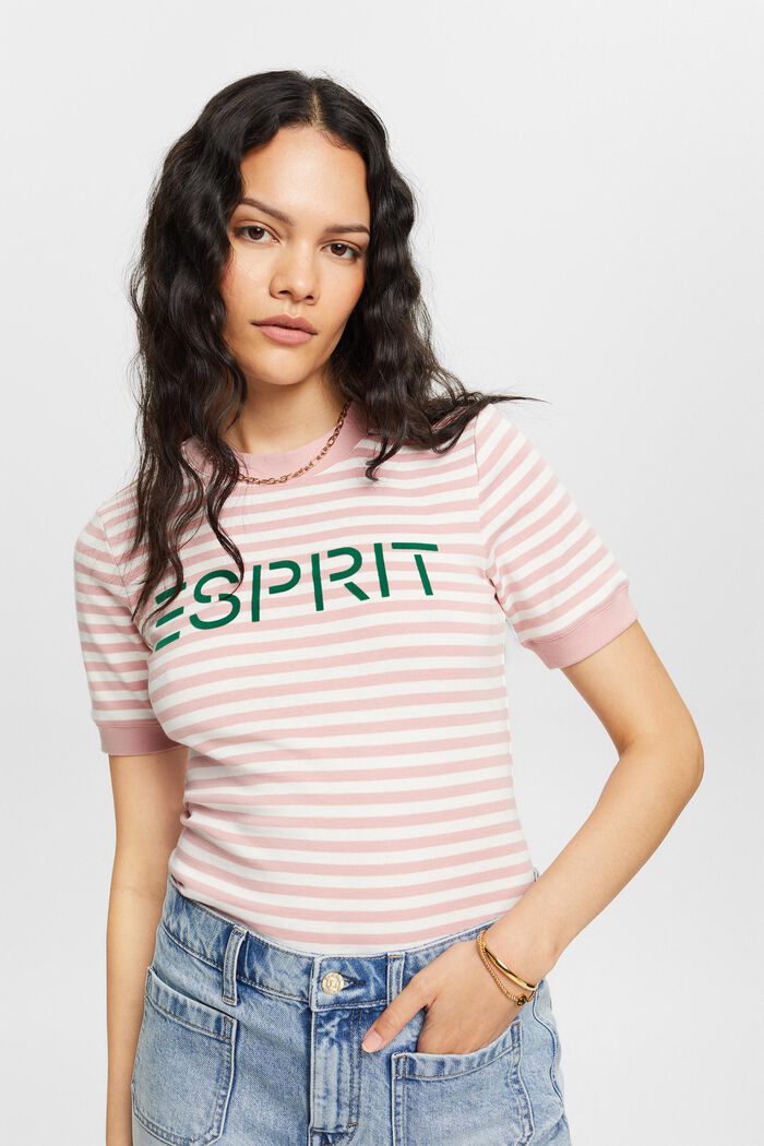 Logo-Print Striped Cotton T-Shirt, OLD PINK, detail image number 0