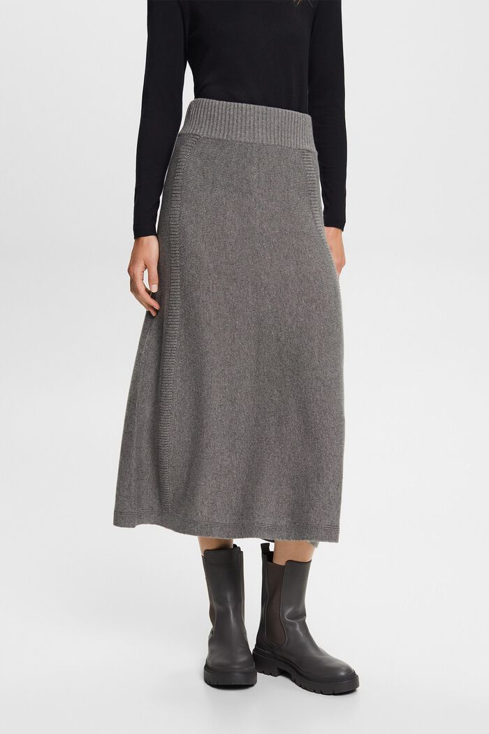 Knitted Wool-Blend Midi Skirt, BROWN GREY, detail image number 0