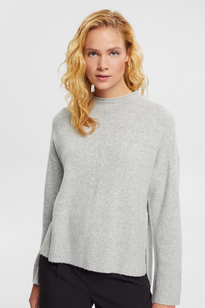 Wool blend: fluffy jumper with stand-up collar, LIGHT GREY, detail image number 1