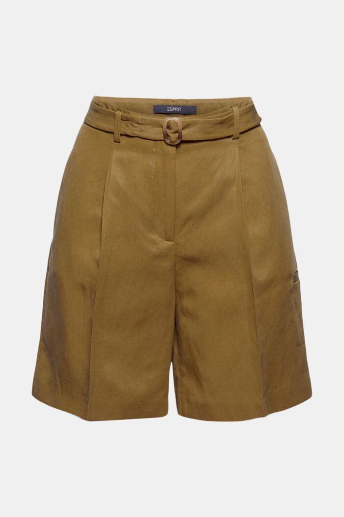 Linen blend: high-waisted shorts with belt, OLIVE, overview