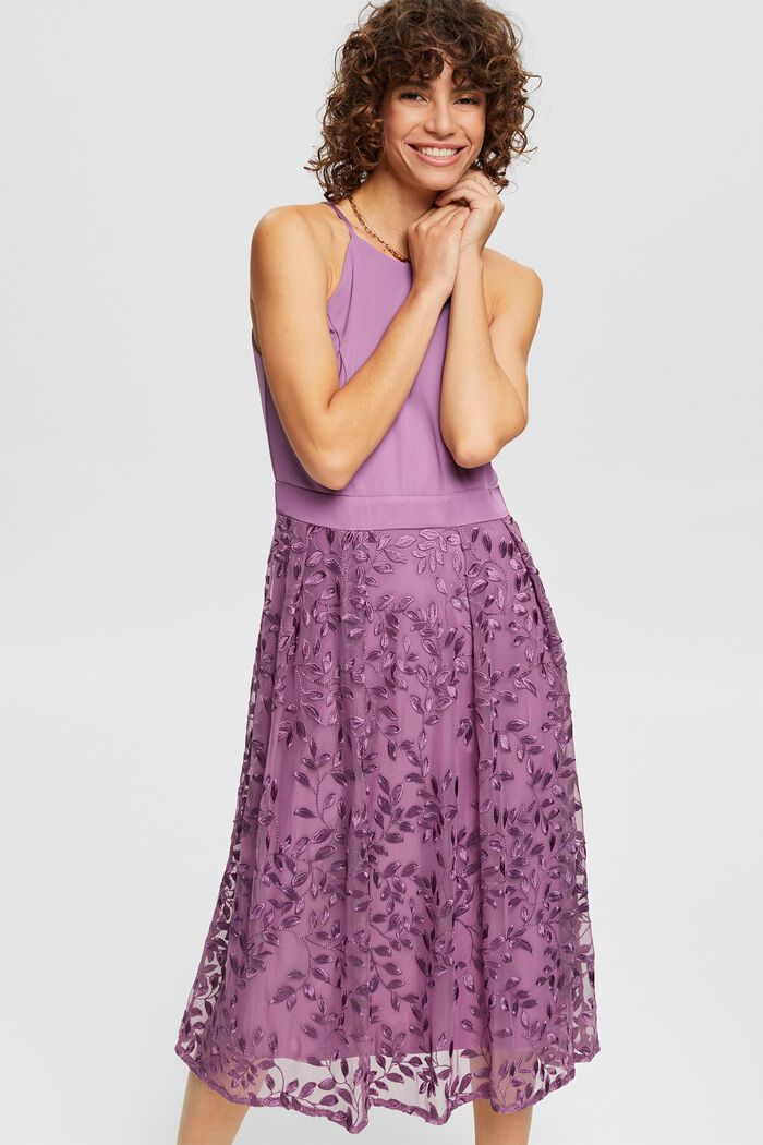 Halterneck dress with floral embroidery, PURPLE, detail image number 0