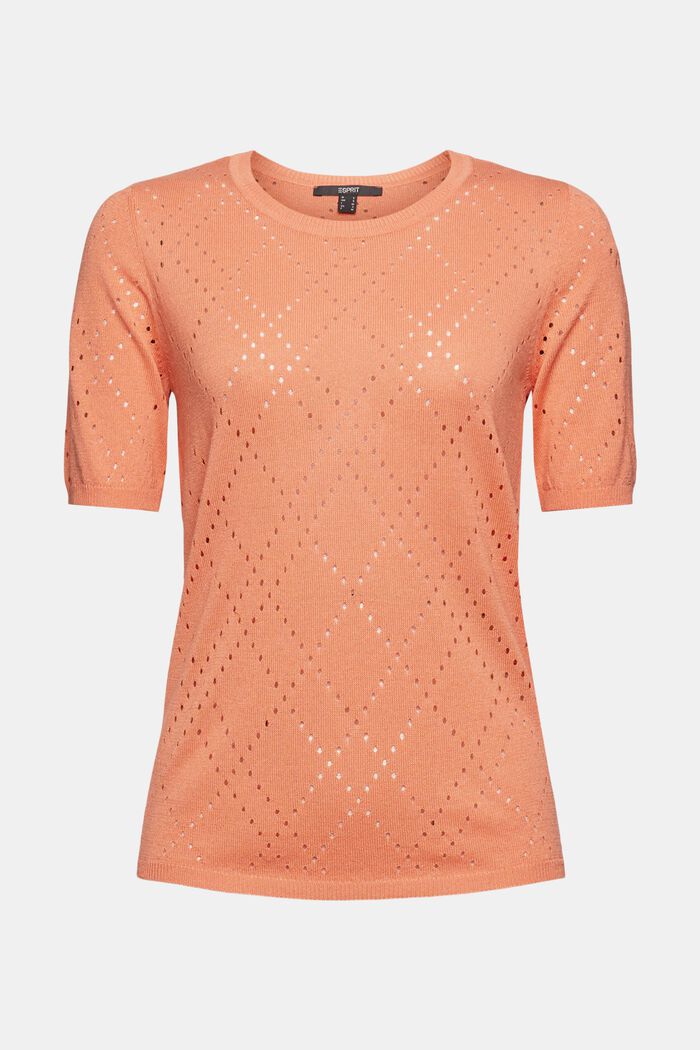 Linen blend: Knitted top with a openwork pattern, CORAL ORANGE, overview