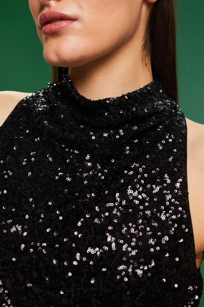 Sequined Sleeveless Neckholder Midi Dress, BLACK, detail image number 3