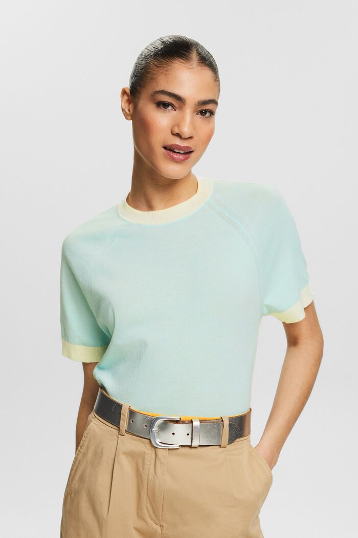Two-Tone Short-Sleeve Sweater, LIGHT AQUA GREEN, detail image number 0