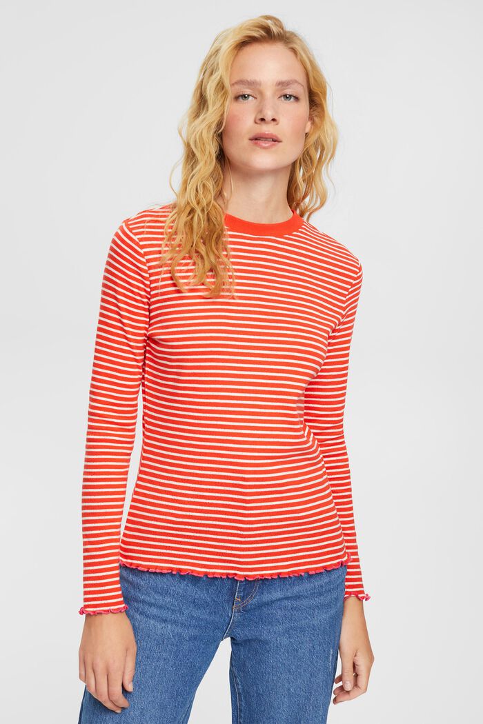 Striped pointelle long sleeve top, RED, overview