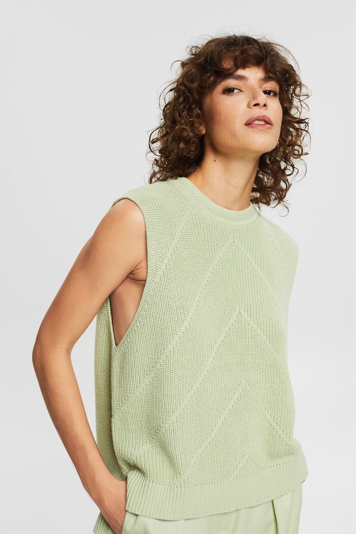 Sleeveless jumper with a knitted pattern, organic cotton, PASTEL GREEN, detail image number 0