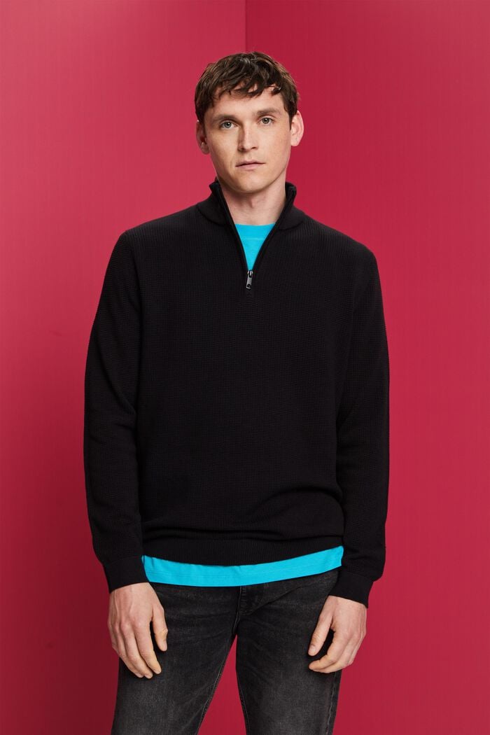 Zip-neck jumper made of 100% Pima cotton, BLACK, detail image number 0