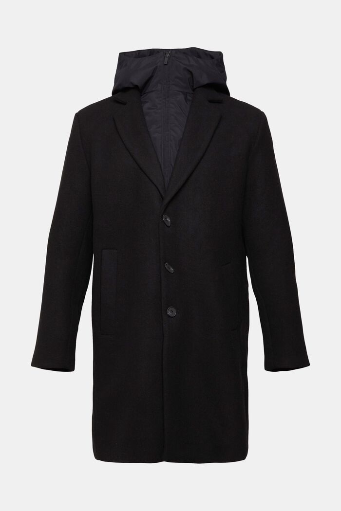 Wool blend coat with detachable hood, BLACK, detail image number 5