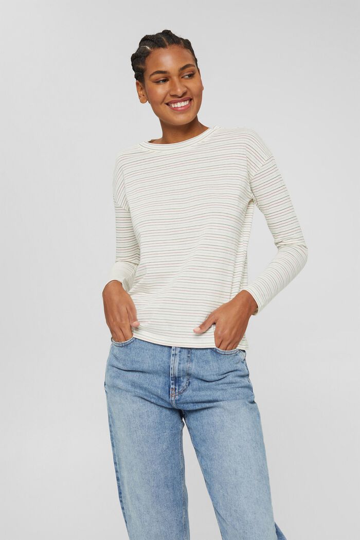 Striped long sleeve top with glitter, organic cotton blend, OFF WHITE, detail image number 0