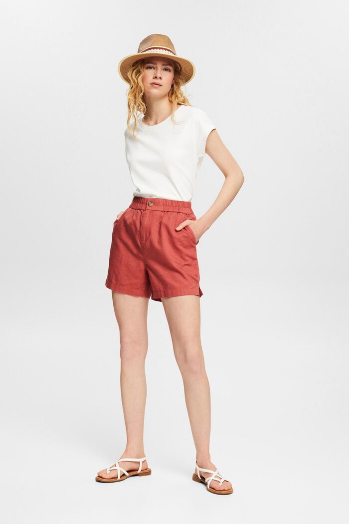 Linen blend: shorts with an elasticated waistband, TERRACOTTA, detail image number 0