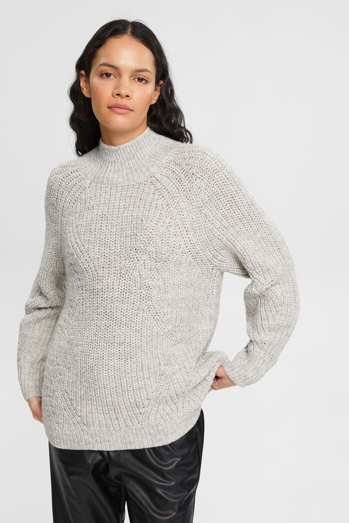 Open-Knit Mock Neck Sweater, LIGHT TAUPE, detail image number 0