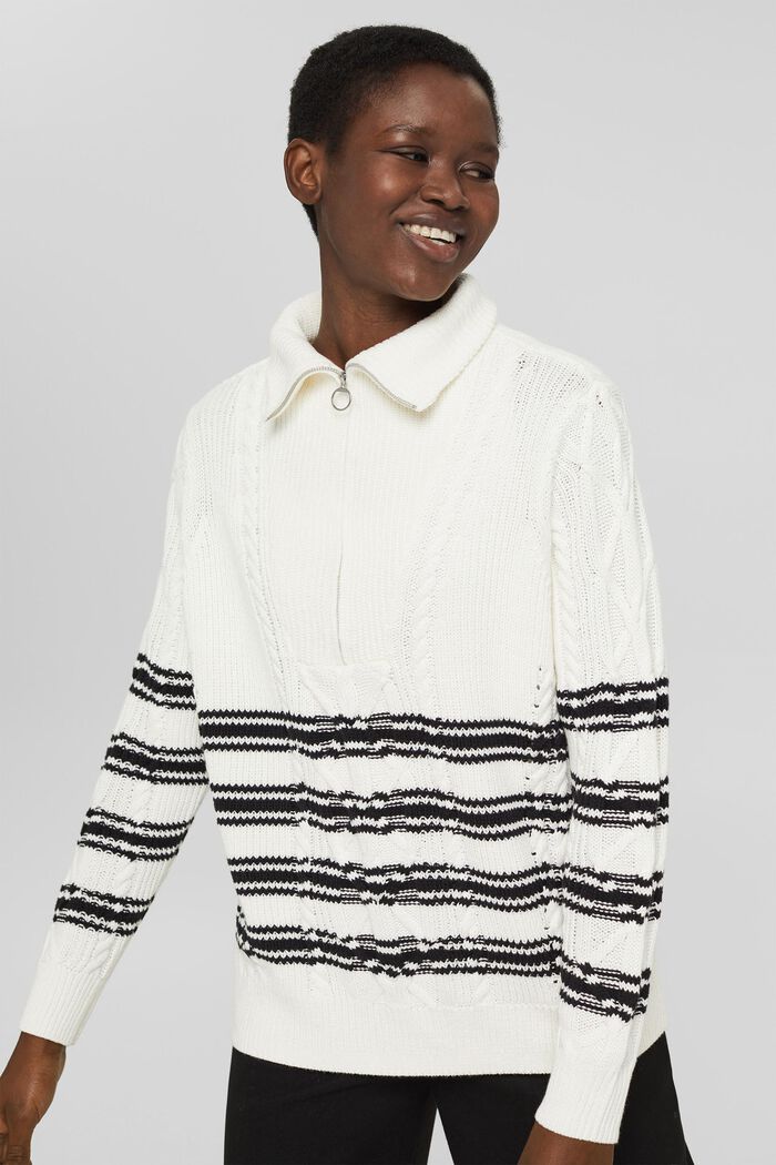 Knitted zip-neck top with a cable knit pattern, OFF WHITE, detail image number 0