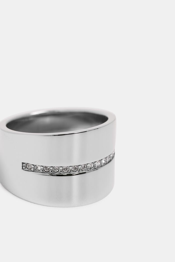 Wide stainless-steel ring with a row of zirconia stones, SILVER, detail image number 0