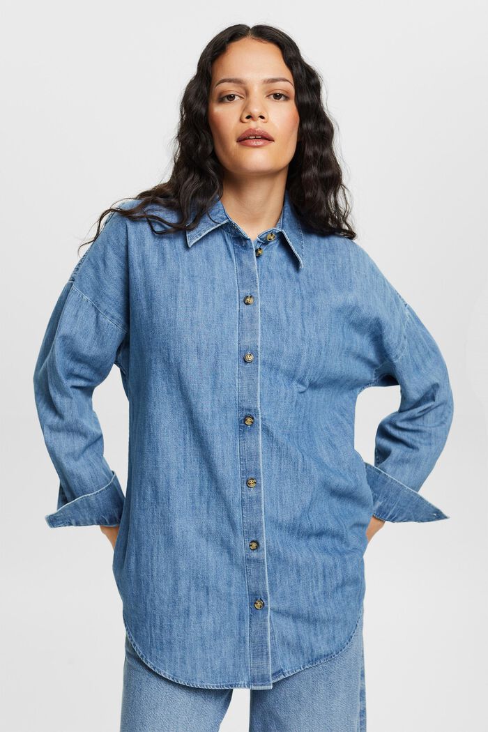 Oversized jeans shirt blouse, 100% cotton, BLUE MEDIUM WASHED, detail image number 4