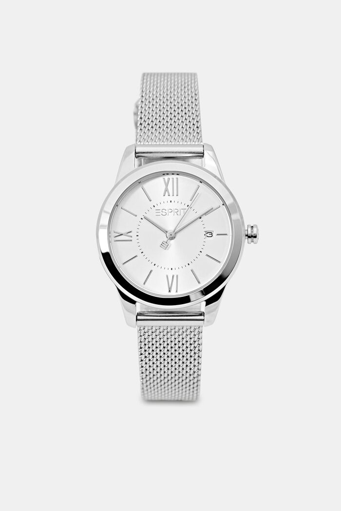 Stainless steel watch with a mesh strap and date, SILVER, detail image number 0