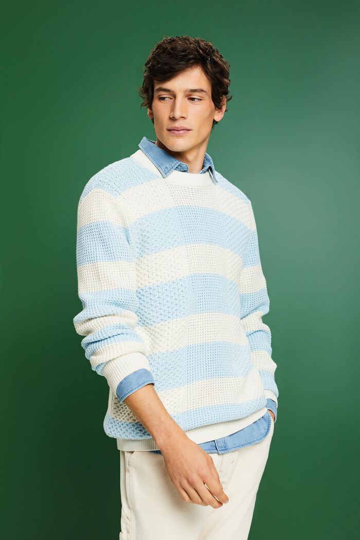 Striped Cable Knit Cotton Sweater, PASTEL BLUE, detail image number 0