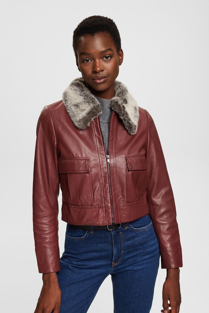 Leather jacket with fake fur collar