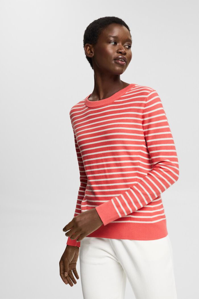 Jumper with stripes, 100% cotton, CORAL, overview