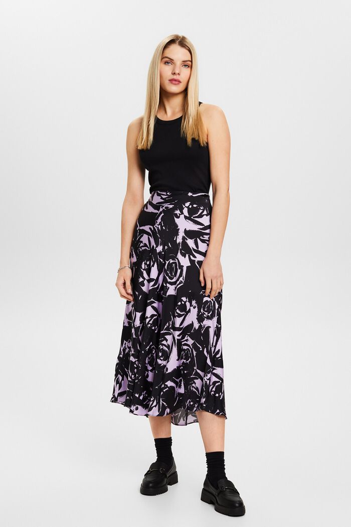 Printed Satin Midi Skirt, NEW BLACK, detail image number 1
