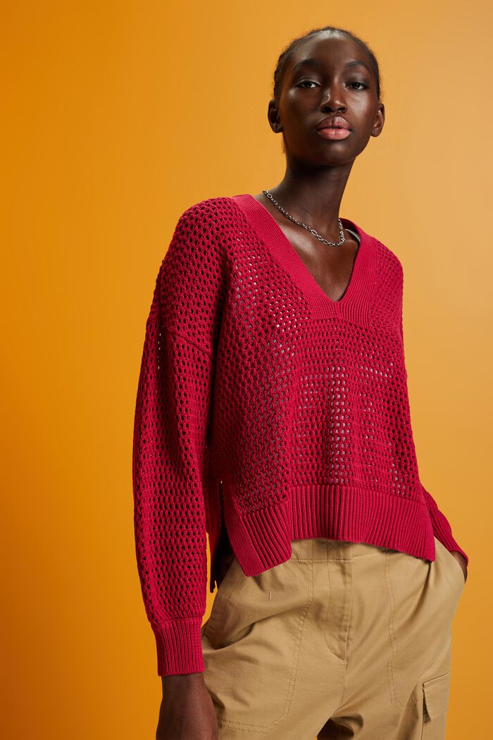 Sustainable cotton V-neck mesh jumper, DARK PINK, detail image number 0