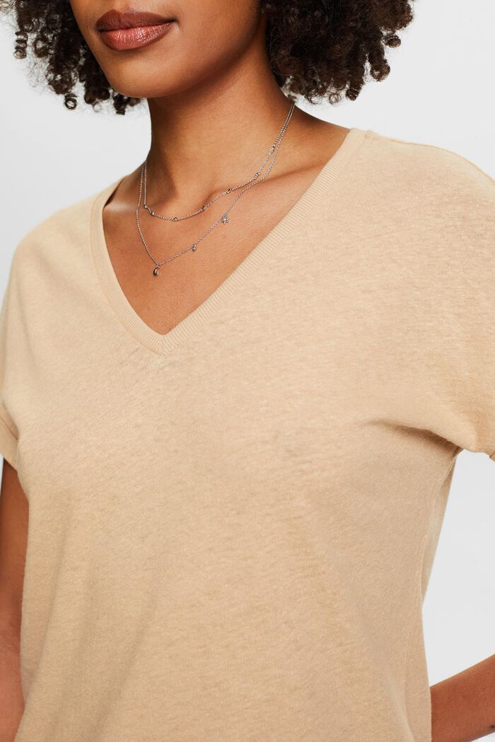 Cotton-Linen V-Neck T-Shirt, BEIGE, detail image number 2