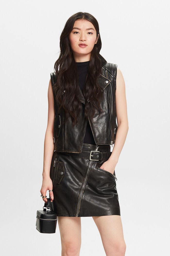 Asymmetric Zip Leather Mini Skirt, BLACK, detail image number 5