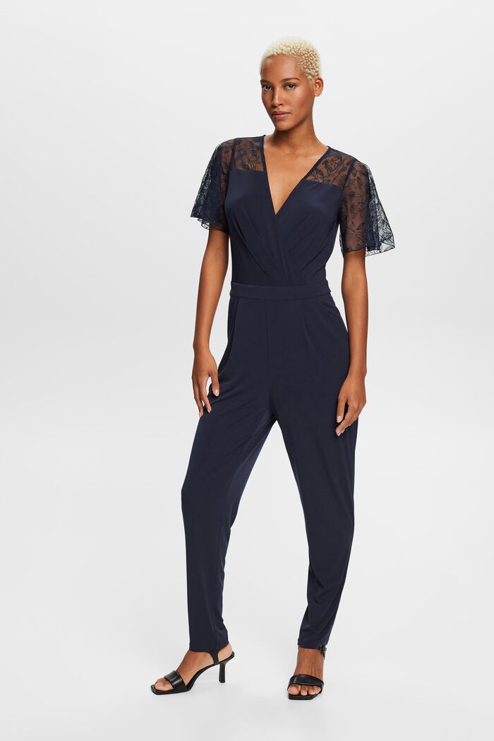 V-neck jumpsuit with lace finish, NAVY, detail image number 0
