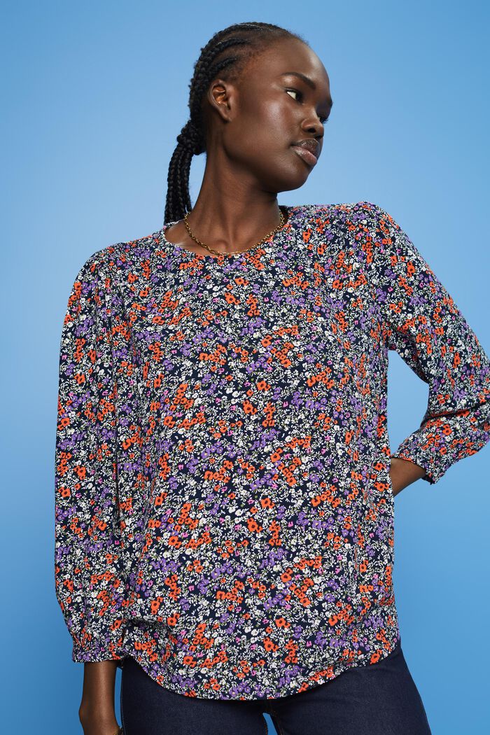 Floral blouse with 3/4 sleeves, NAVY BLUE, detail image number 0