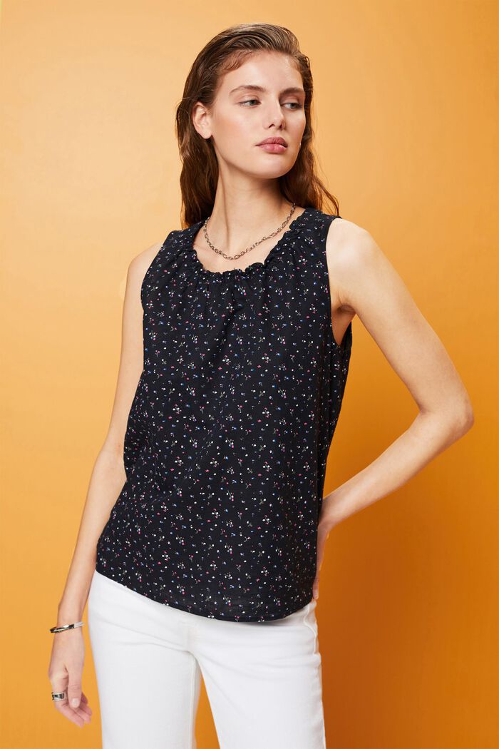 Sleeveless linen blend blouse with floral print, BLACK, detail image number 0