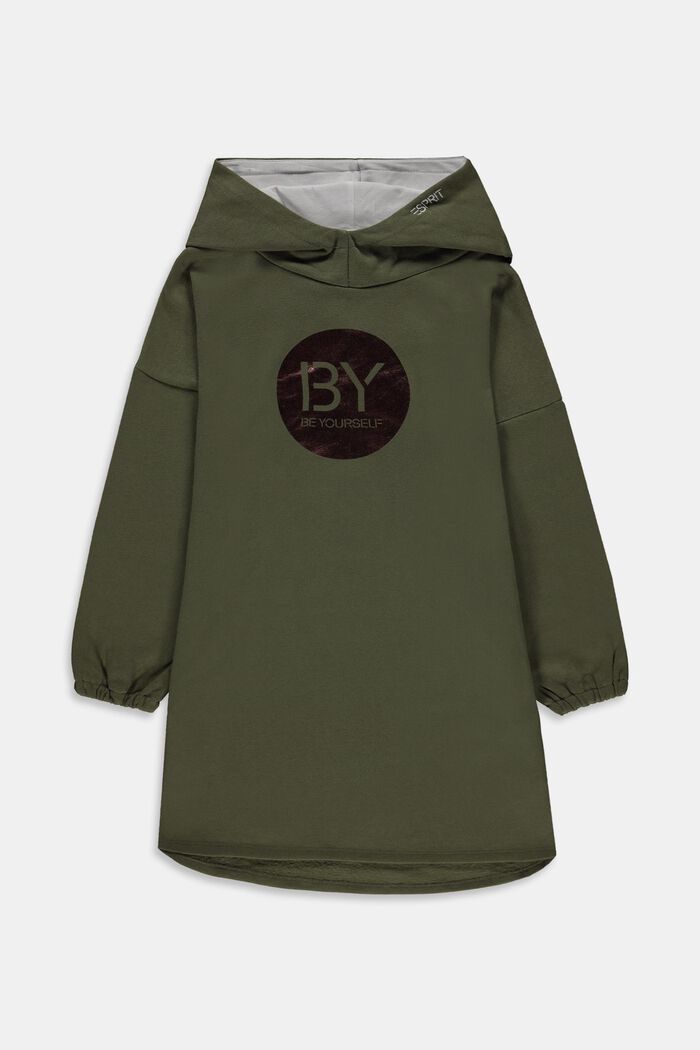 Sweatshirt fabric dress with a print made of 100% cotton, KHAKI GREEN, detail image number 0