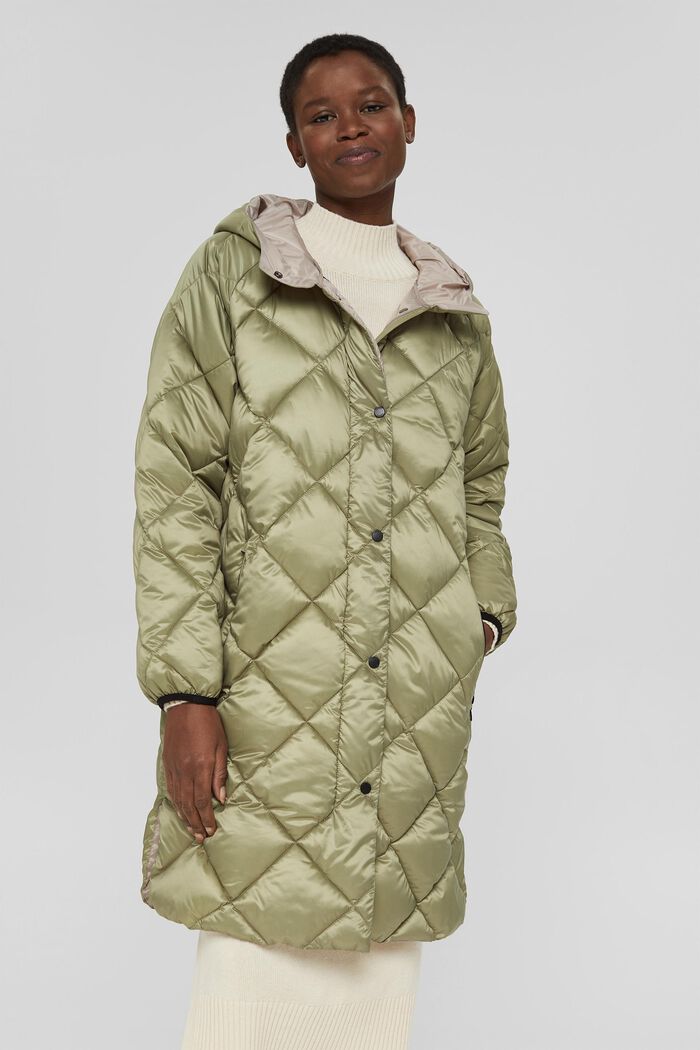 Recycled: quilted coat with a hood, LIGHT KHAKI, detail image number 0