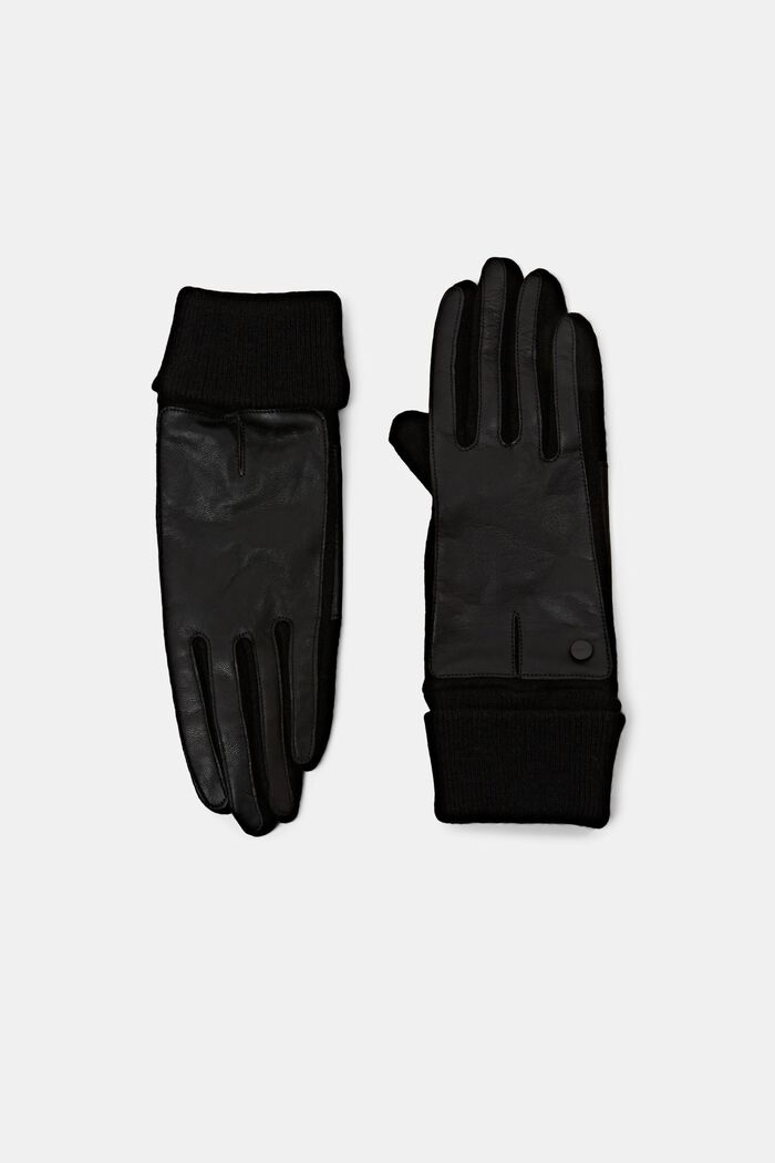Leather Wool Blend Knit Gloves, BLACK, detail image number 0