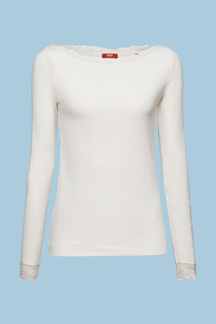 Rib-knit Lace Boatneck Longsleeve Top, ICE, detail image number 6