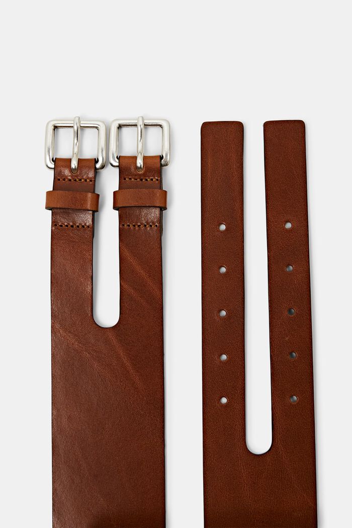 Dual Buckle Leather Belt, TOFFEE, detail image number 1