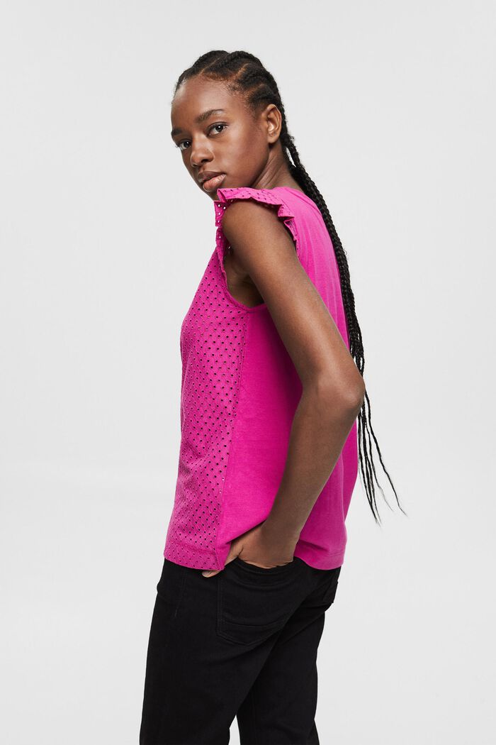 T-shirt with broderie anglaise, organic cotton, PINK FUCHSIA, detail image number 3