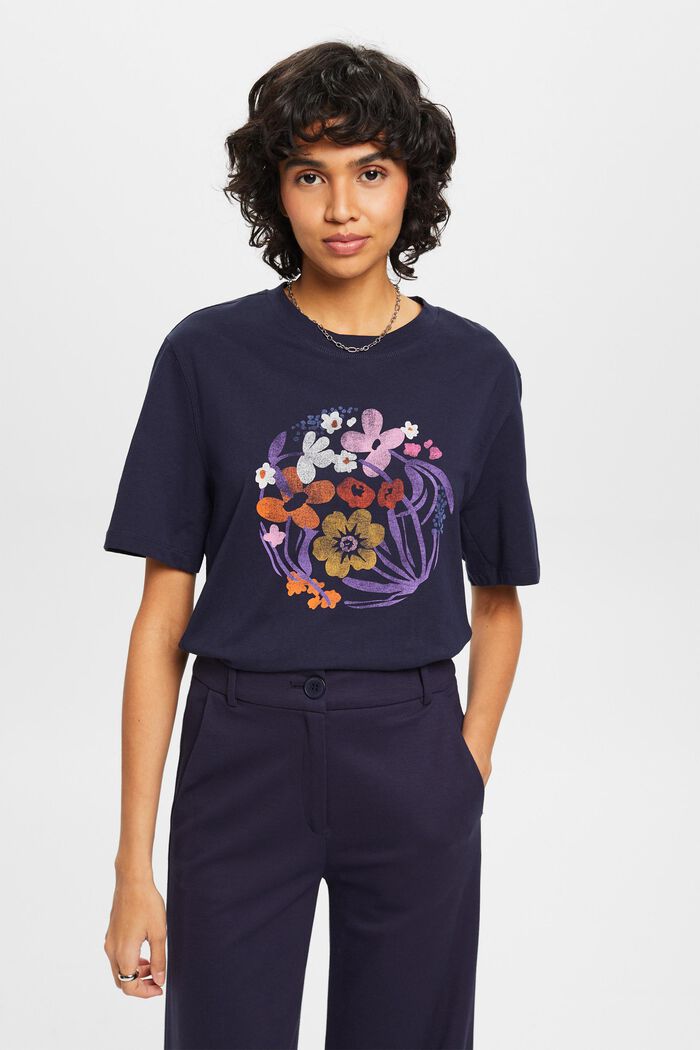 T-shirt with flower print, NAVY, detail image number 0