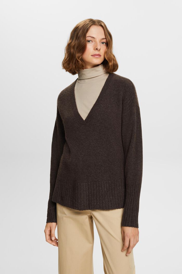 Wool Blend V-Neck Sweater, DARK BROWN, detail image number 0