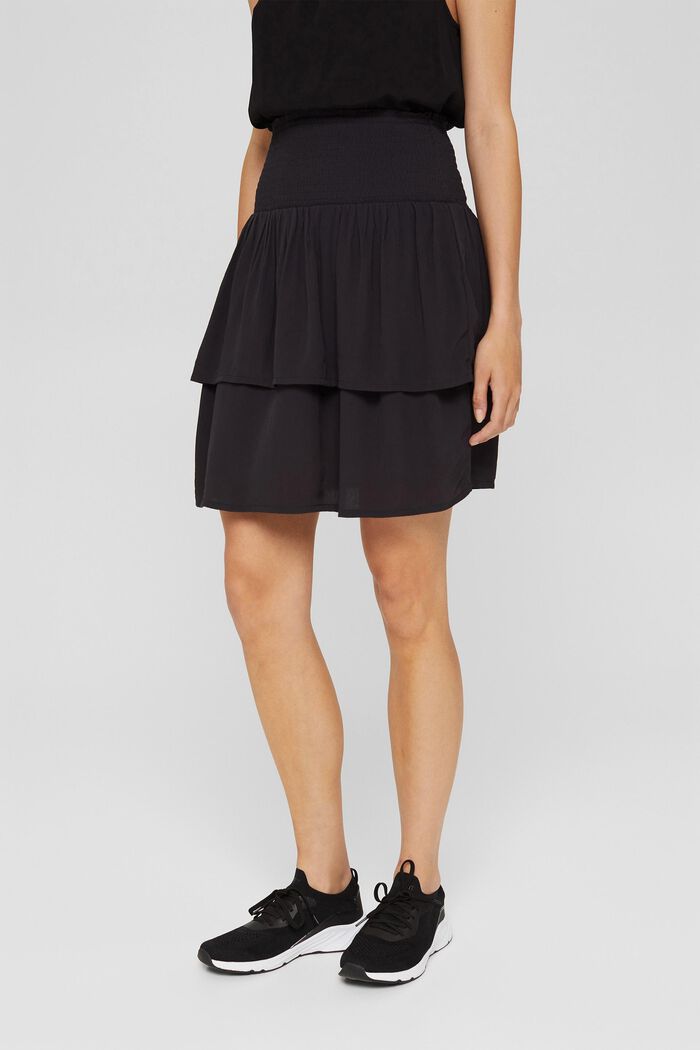 Smocked mini flounce skirt, made of LENZING™ ECOVERO™, BLACK, detail image number 0