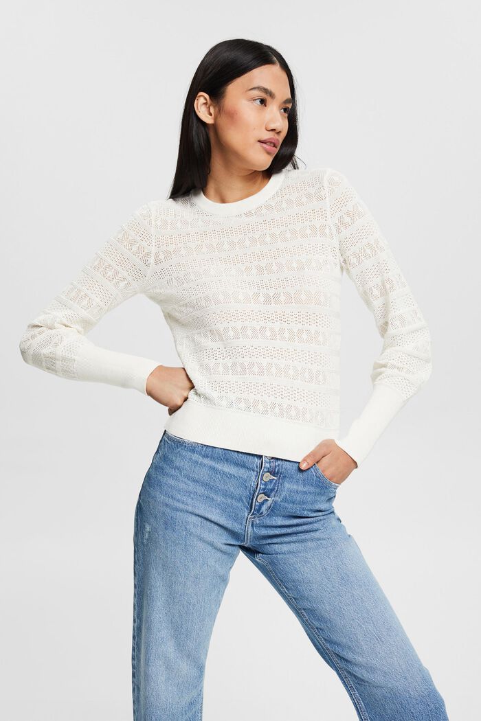 Jumper with an openwork pattern, 100% cotton, OFF WHITE, detail image number 0