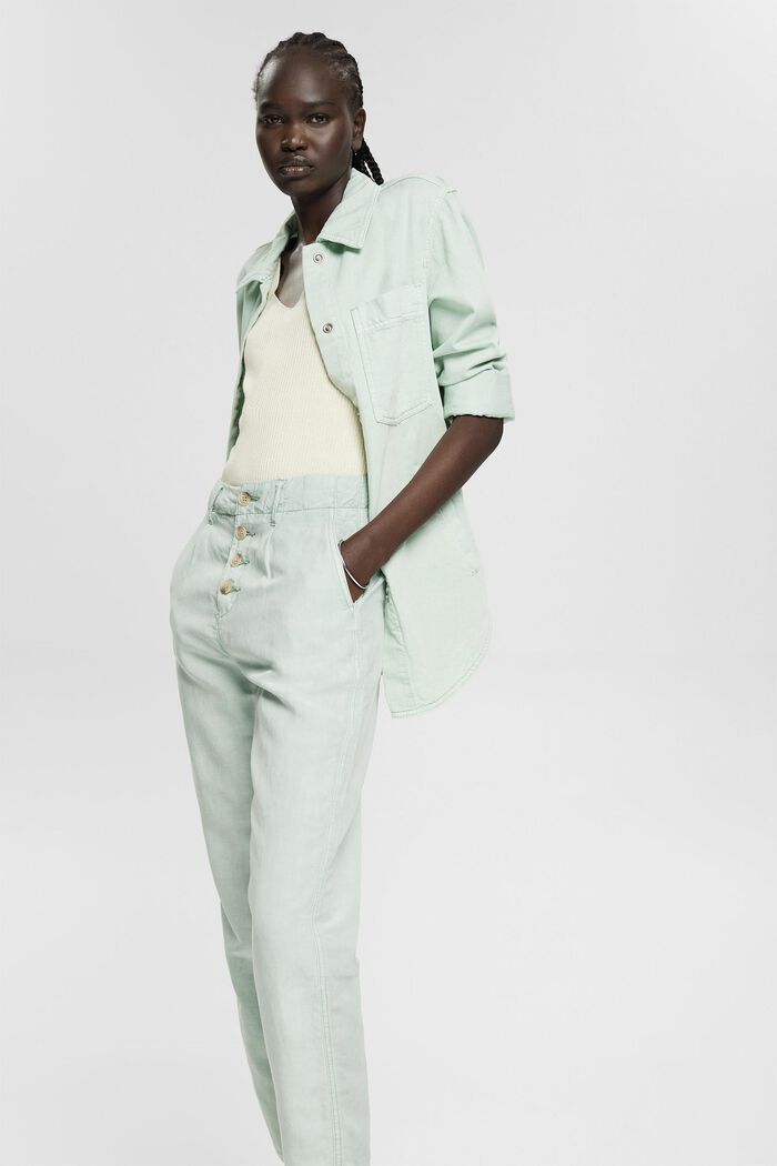 Linen blend: trousers with a button placket, DUSTY GREEN, overview