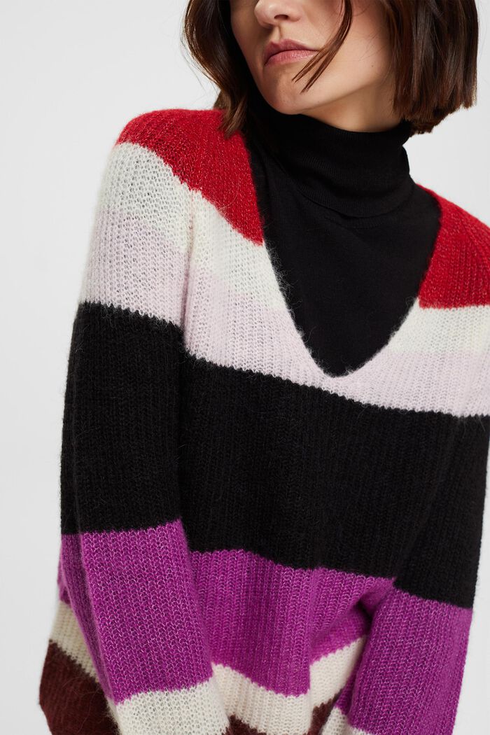 Striped V-neck jumper with wool and alpaca, BORDEAUX RED, detail image number 3
