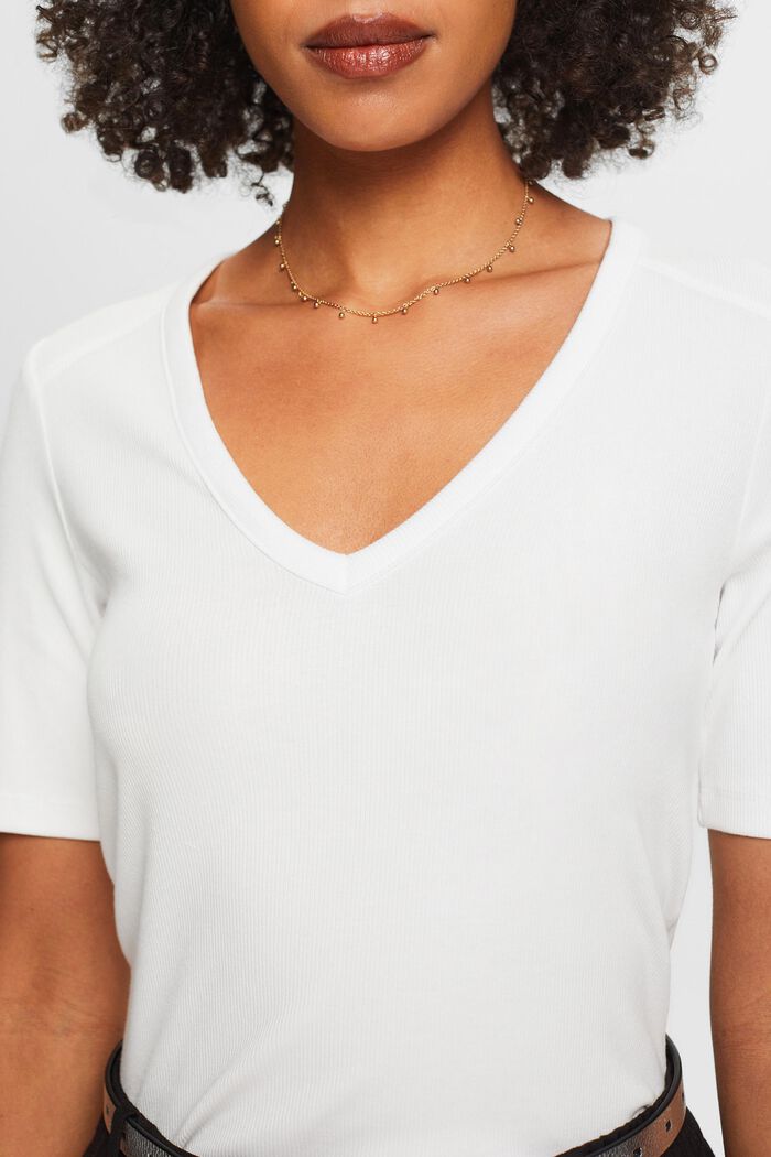 Ribbed V-Neck T-Shirt, OFF WHITE, detail image number 3
