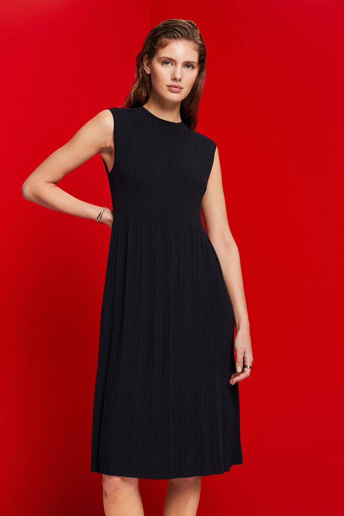 Pleated and sleeveless maxi dress with crewneck, BLACK, detail image number 0